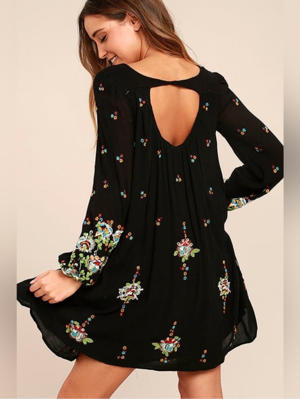 Free People Oxford Black Embroidered Long Sleeve Swing Dress in Black size XS